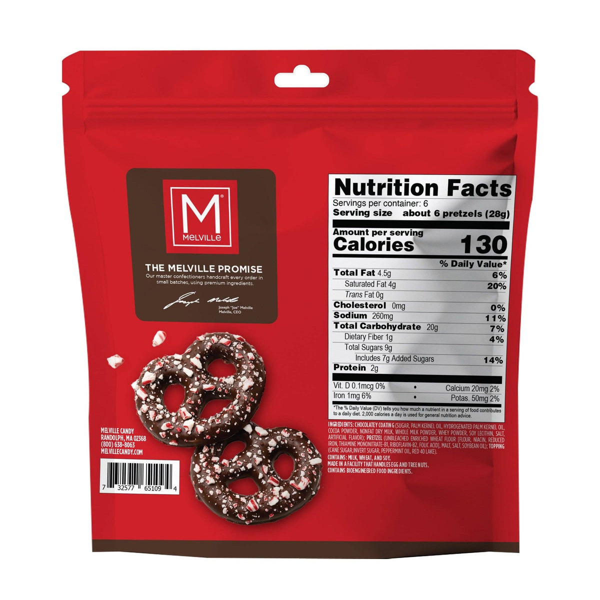 Back of Melville peppermint mini pretzel pouch showing nutrition facts, ingredients, and allergen information