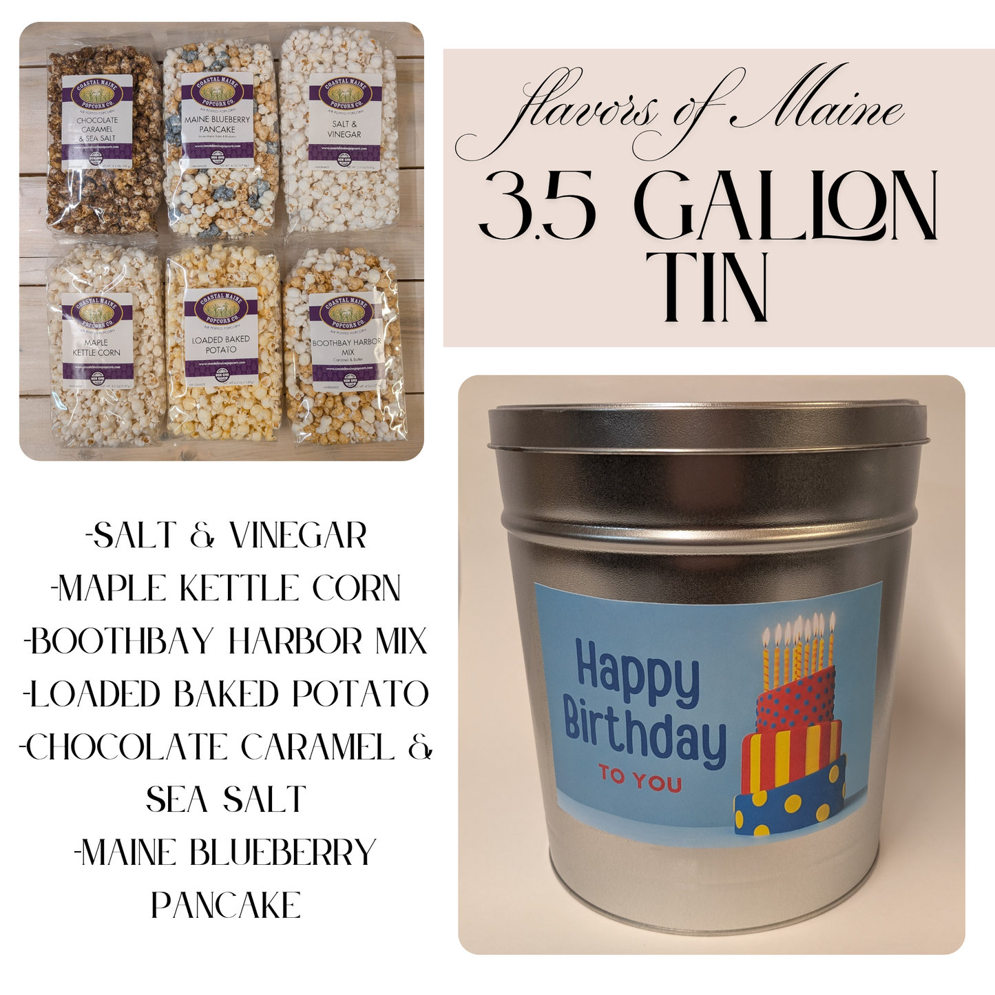 "Happy Birthday" - Flavors of Maine Popcorn tin