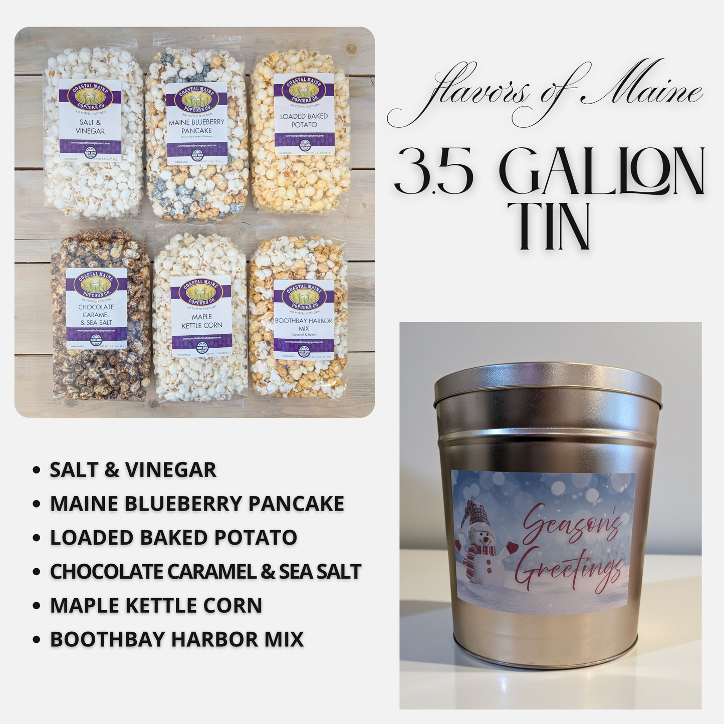 3.5 Gallon Season's Greetings Flavors of Maine Popcorn Tin
