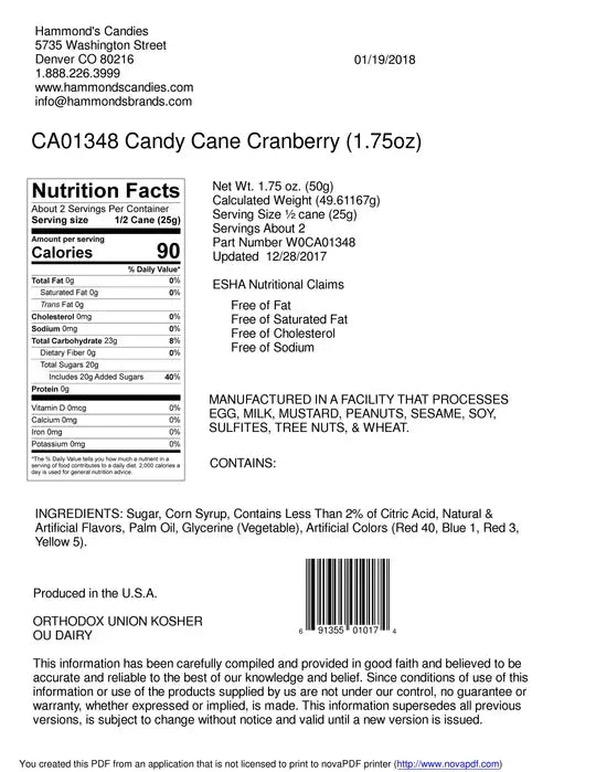 Hammond's Candies - Hand-Spun Jumbo Candy Cane - Cranberry