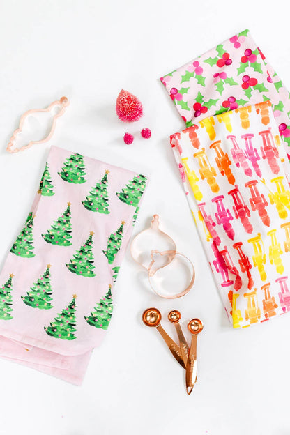 Gert & Co. - Pink Christmas Tea Towel | Christmas Trees on Pink Tea Towel