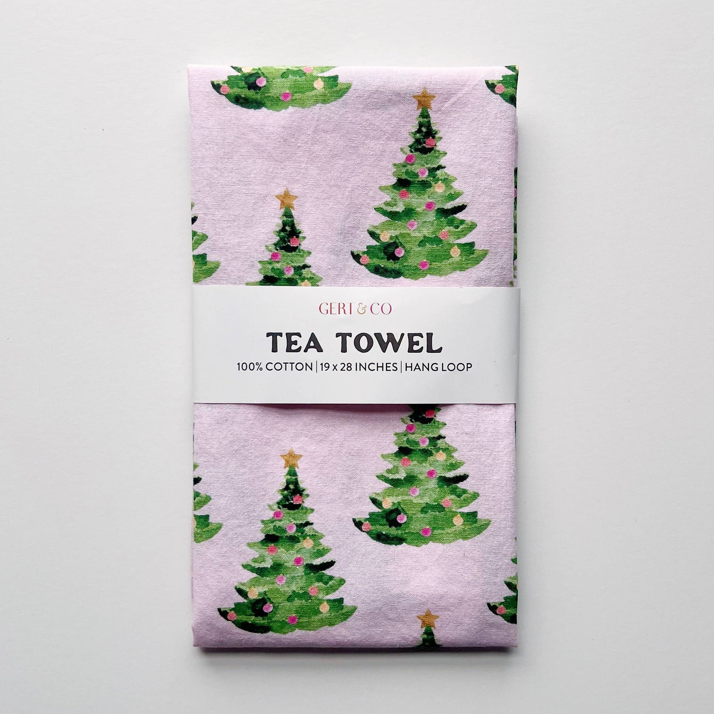 Gert & Co. - Pink Christmas Tea Towel | Christmas Trees on Pink Tea Towel