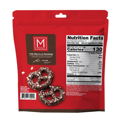 Back of Melville peppermint mini pretzel pouch showing nutrition facts, ingredients, and allergen information