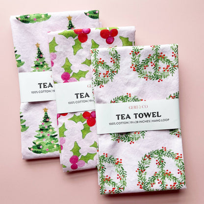Gert & Co. - Pink Christmas Tea Towel | Christmas Trees on Pink Tea Towel