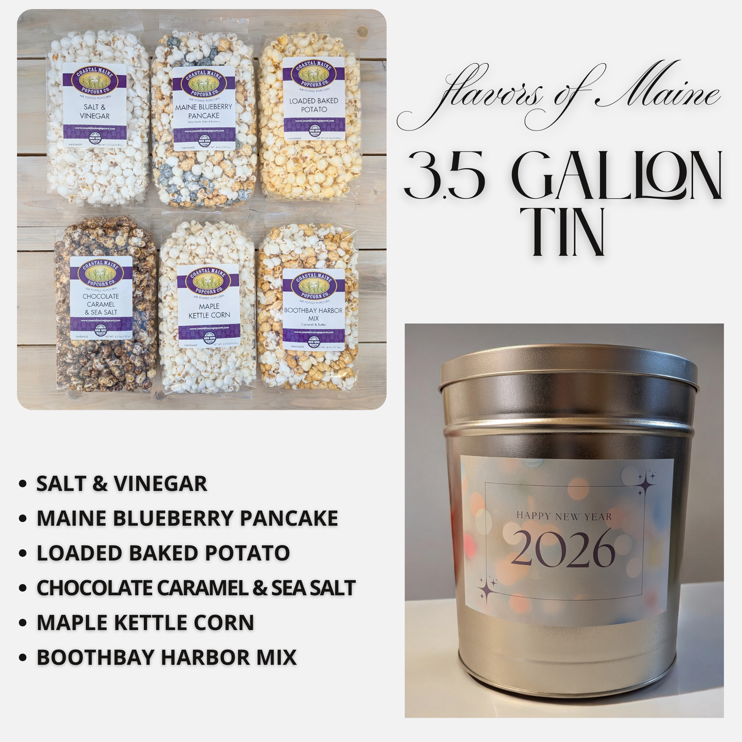 3.5 Gallon Happy New Year Flavors of Maine Popcorn Tin