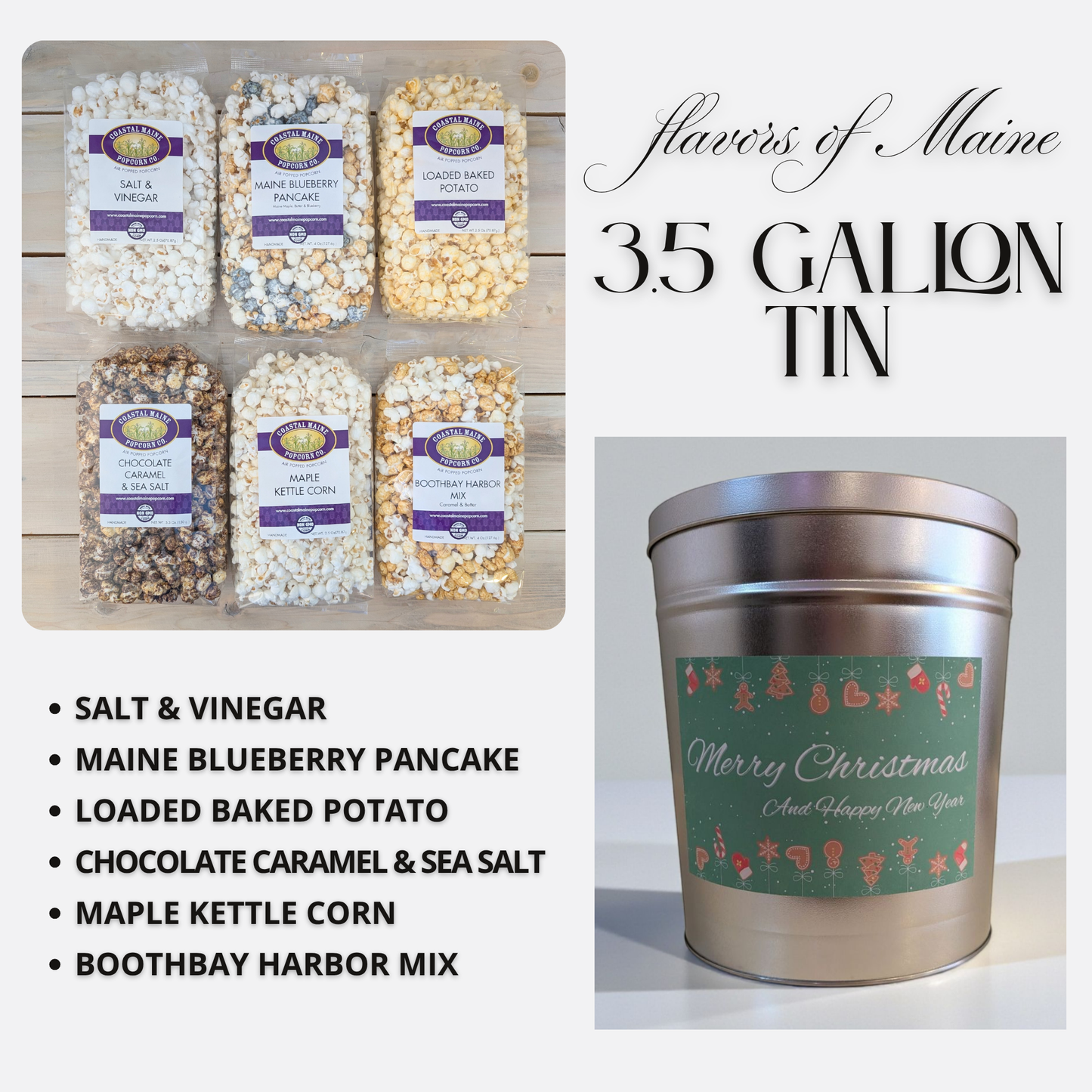 3.5 Gallon Merry Christmas Flavors of Maine Popcorn Tin