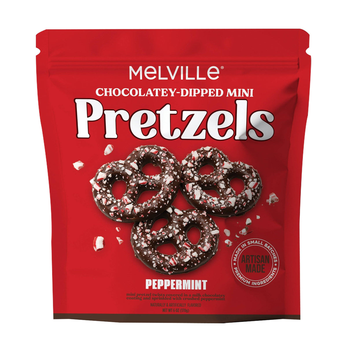 Melville peppermint chocolatey-dipped mini pretzels in a red pouch, with crushed peppermint topping