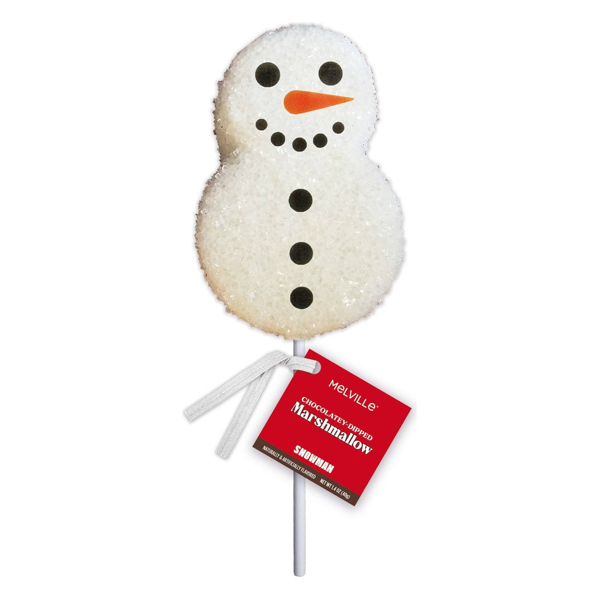 A marshmallow snowman with a face and buttons on a stick with a white background