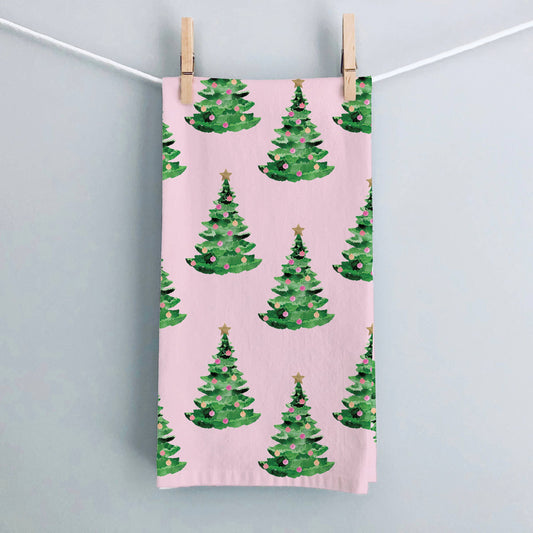 Gert & Co. - Pink Christmas Tea Towel | Christmas Trees on Pink Tea Towel