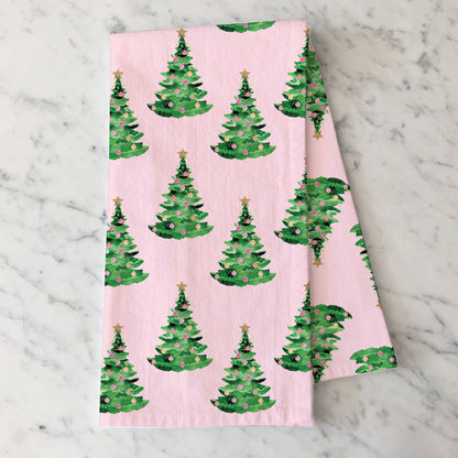 Gert & Co. - Pink Christmas Tea Towel | Christmas Trees on Pink Tea Towel